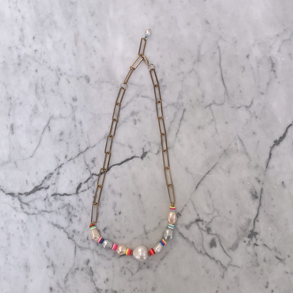 Colorful Beaded and Pearl Necklace with Brass Link Chain